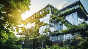 milieuvriendelijk kantoor gebouw met modern glas ontwerp in de stedelijk stadsgezicht. ai gegenereerd foto