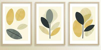 drie kunst prints met abstract biologisch blad vormen, natuur geïnspireerd ontwerpen. ai gegenereerd foto