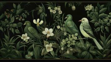 wild oerwoud vogelstand en bloemen. rustig tuinbeelden in donker smaragd. ai gegenereerd foto