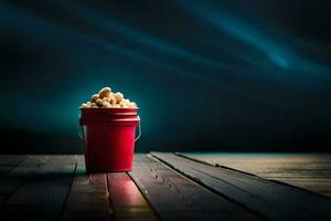 een emmer van popcorn Aan een houten tafel. ai-gegenereerd foto