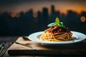 spaghetti met tomaat saus en basilicum Aan een bord. ai-gegenereerd foto