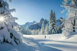 een persoon is wandelen door de sneeuw Aan een zonnig dag. ai-gegenereerd foto