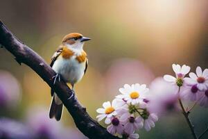 een vogel zit Aan een Afdeling met bloemen in de achtergrond. ai-gegenereerd foto