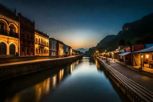 een kanaal in de midden- van een stad- Bij nacht. ai-gegenereerd foto