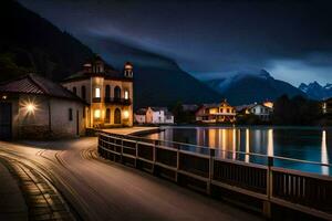 een lang blootstelling fotograaf van een meer en huizen Bij nacht. ai-gegenereerd foto