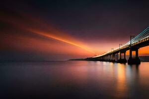 een lang brug overspannende over- de oceaan Bij zonsondergang. ai-gegenereerd foto