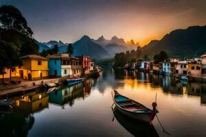 een boot zit Aan de water in voorkant van huizen Bij zonsondergang. ai-gegenereerd foto