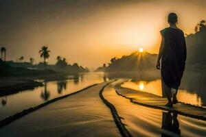 een Mens wandelen Aan een houten brug Bij zonsondergang. ai-gegenereerd foto
