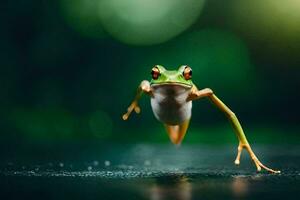 een kikker jumping Aan de grond. ai-gegenereerd foto