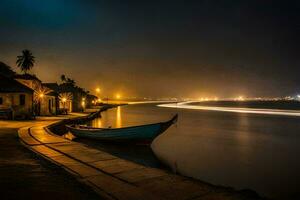 een boot zit Aan de kust Bij nacht. ai-gegenereerd foto
