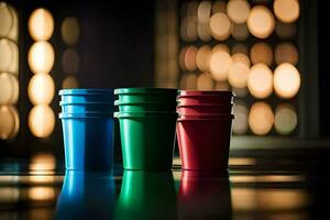 drie rood en groen plastic cups Aan een tafel. ai-gegenereerd foto