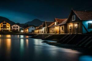 een rij van houten huizen langs de water Bij nacht. ai-gegenereerd foto