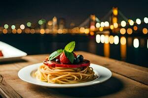 een bord van pasta met een visie van de stad. ai-gegenereerd foto