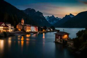 foto behang de lucht, bergen, meer, huis, de dorp, de kerk, de bergen. ai-gegenereerd