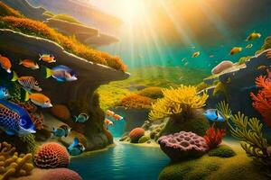 onderwater- tafereel met kleurrijk vis en koraal riffen. ai-gegenereerd foto