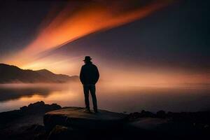 een Mens staand Aan een rots Bij zonsondergang met een mooi lucht. ai-gegenereerd foto