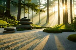 een zen tuin met stenen en bomen. ai-gegenereerd foto