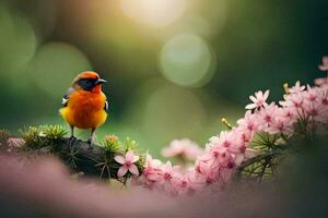 een klein oranje vogel is neergestreken Aan een Afdeling met roze bloemen. ai-gegenereerd foto