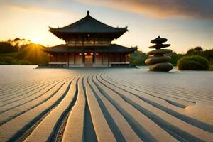 een pagode en rotsen in de zand Bij zonsondergang. ai-gegenereerd foto