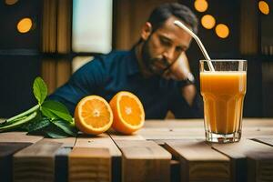 een Mens zittend Bij een tafel met een oranje sap en een glas van oranje sap. ai-gegenereerd foto