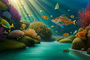 een kleurrijk onderwater- tafereel met vis en koraal riffen. ai-gegenereerd foto