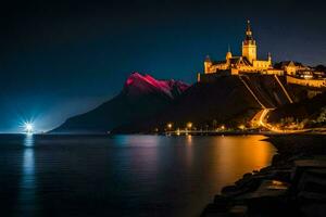 een kasteel lit omhoog Bij nacht Aan de kust. ai-gegenereerd foto