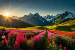 de zon schijnt over- een veld- van bloemen en bergen. ai-gegenereerd foto