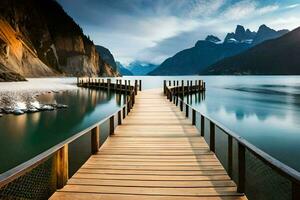 een houten brug Leidt naar een meer en bergen. ai-gegenereerd foto