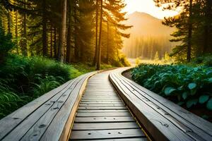 een houten loopbrug in de Woud met de zon schijnt. ai-gegenereerd foto