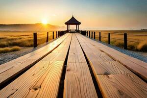 een houten brug Leidt naar een Prieel Bij zonsondergang. ai-gegenereerd foto