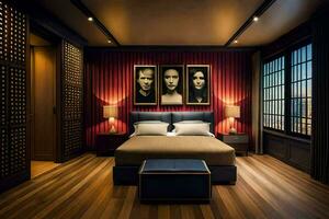 een slaapkamer met rood muren en hout vloeren. ai-gegenereerd foto