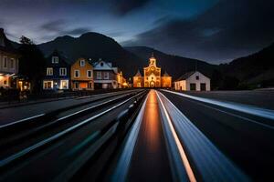 een trein sporen in voorkant van een kerk Bij nacht. ai-gegenereerd foto