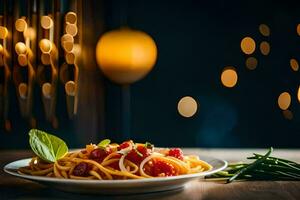 een bord van spaghetti met tomaten en basilicum Aan een houten tafel. ai-gegenereerd foto