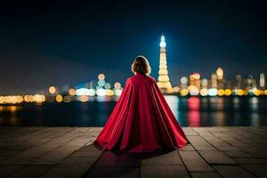 een vrouw in een rood kaap op zoek Bij de stad Bij nacht. ai-gegenereerd foto