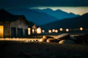 een stapel van rotsen in voorkant van een huis Bij nacht. ai-gegenereerd foto