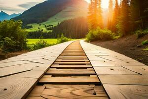 een houten pad Leidt naar een berg in de achtergrond. ai-gegenereerd foto