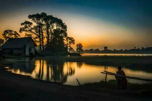 een monnik zit door de water Bij zonsopkomst. ai-gegenereerd foto