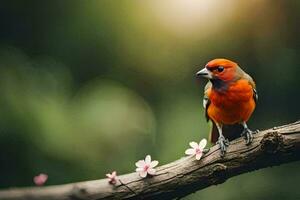 een kleurrijk vogel zit Aan een Afdeling met bloemen. ai-gegenereerd foto