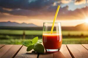 een glas van sap met een rietje Aan een houten tafel. ai-gegenereerd foto