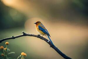 een blauw en geel vogel zittend Aan een Afdeling. ai-gegenereerd foto