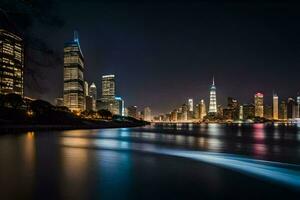 de stad horizon Bij nacht met lichten reflecterend uit de water. ai-gegenereerd foto