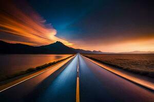 een lang blootstelling fotograaf van een weg met een zonsondergang in de achtergrond. ai-gegenereerd foto