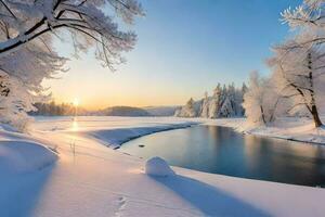 een rivier- in de sneeuw. ai-gegenereerd foto
