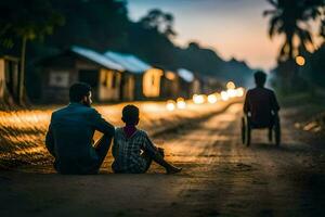 een Mens en een kind zitten Aan de weg Bij schemering. ai-gegenereerd foto