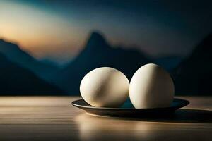 twee eieren Aan een bord met bergen in de achtergrond. ai-gegenereerd foto