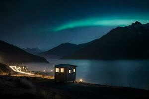 een cabine zit Aan de kant van een meer met een Aurora vervelen. ai-gegenereerd foto