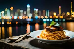 een bord van spaghetti met een visie van de stad. ai-gegenereerd foto