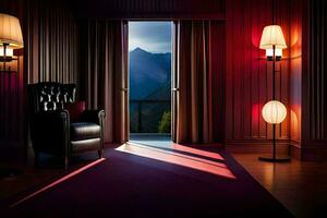 een stoel en lamp in een kamer met een visie van bergen. ai-gegenereerd foto
