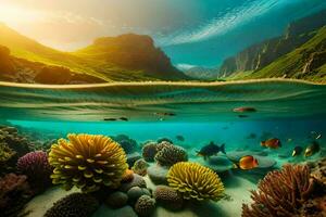 een mooi onderwater- tafereel met koraal riffen en vis. ai-gegenereerd foto