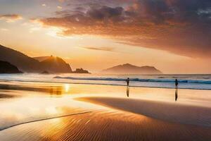 de zon sets Aan de strand in Portugal. ai-gegenereerd foto